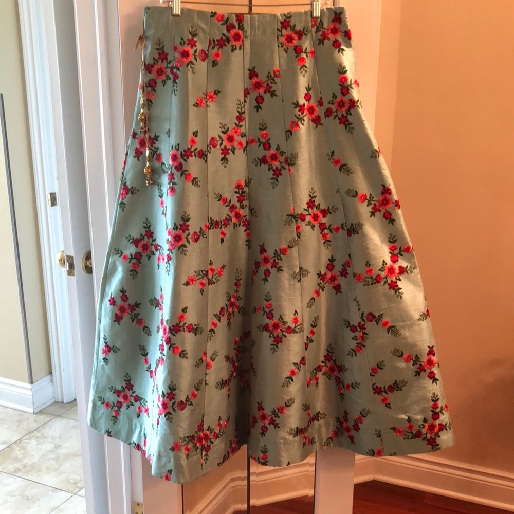 Mint Floral A-Line Skirt with Embroidered Red Blooms